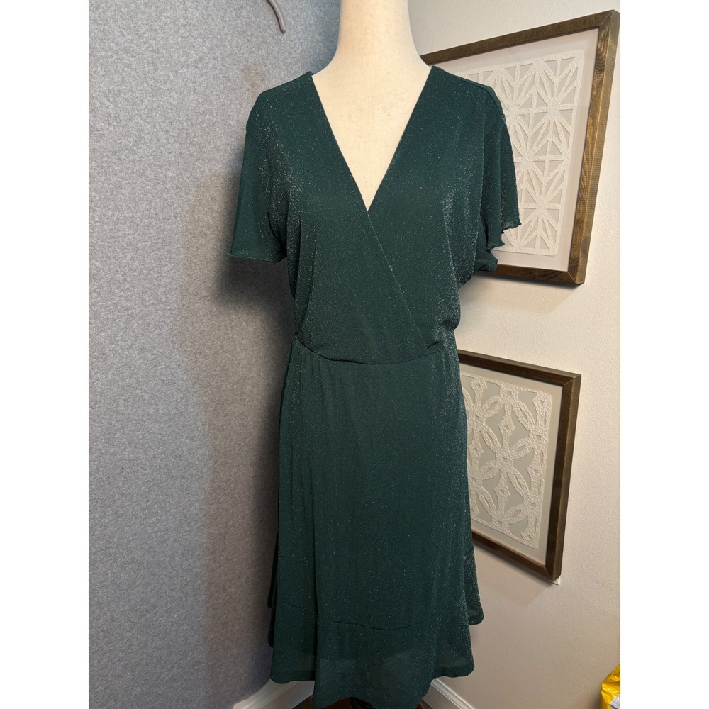 SHEIN Emerald Green Shimmer Wrap Dress Flutter Sleeve Ruffle Hem 2XL Cocktail